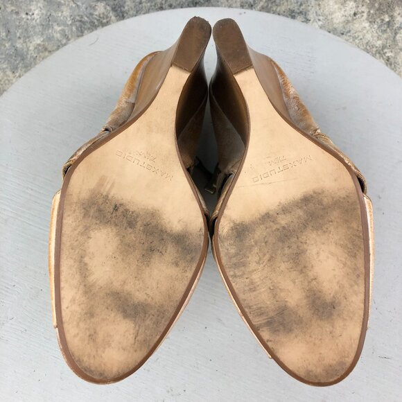 Max Studio Women's Size 7.5M Tan Brown Peep Toe Wedge Heel Ankle Booties Boots - Picture 10 of 14